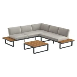 OUTLIV. Albufeira Ecklounge 3-teilig Aluminium/Akazie/Polster Schwarz/Teaklook/Royal Stone Grey -Garten Leben 931813 2