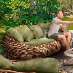 Apple Bee Cocoon Gartensofa Rund-Geflecht Kubu/Grün -Garten Leben apple bee cocoon 3 sitzersofa rope polster kubu grun 1010782 2