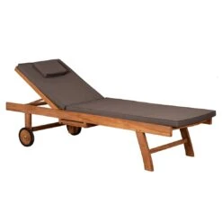 DeVries Woodie Gartenliege Mit Rädern Teak/Polyester Natur/Grau -Garten Leben devries woodie gartenliege mit raedern teak polyester 1438616 4
