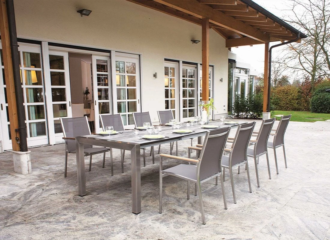 Stern Cardiff Stapelsessel-Set 4-tlg. Edelstahl/Textilene Taupe 4 Stern Cardiff Stapelsessel-Set 4-tlg. Edelstahl/Textilene Taupe – Bild 2