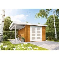 Wolff Finnhaus Pulti 34-B Typ 2 Gartenhaus Mit Seitendach 150 Cm + Milchglastür Bernstein/Weiß -Garten Leben wolff finnhaus pulti 34 b typ2 430x240 150cm seitend milchglastuer 1402866 2