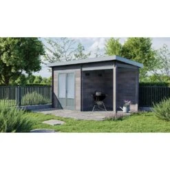 Wolff Finnhaus WPC-Trend B+ Gartenhaus 444x187cm+Anbau 200cm Grau
